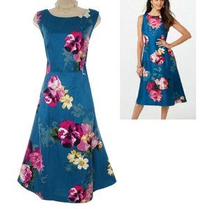 Size 20W 2X TEAL FLORAL FIT & FLARE MIDI DRESS Summer Wedding Party PLUS SIZE